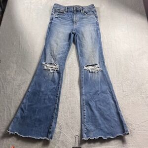 American Eagle Super High Rise Flare Jeans Blue Distressed Next Level Stretch 6R